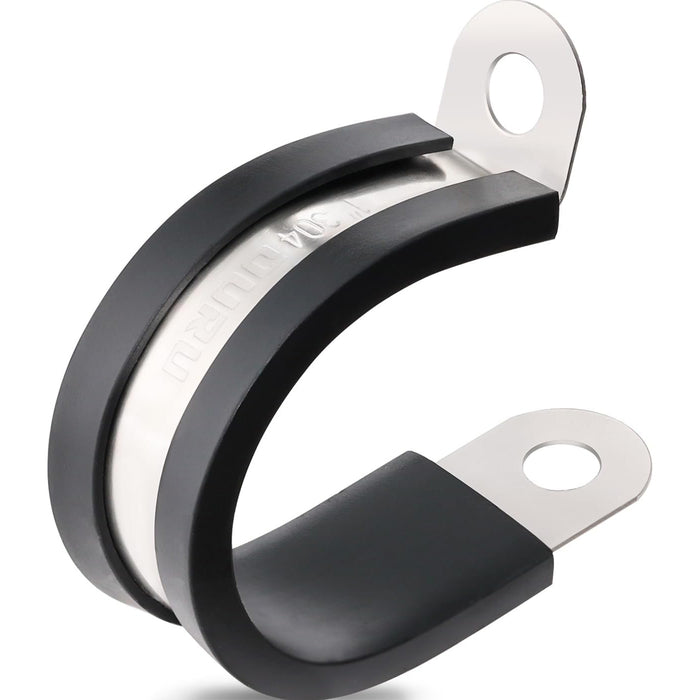 Clip clamp, durable U-shaped metal holder with rubber insulation, bolt hole for easy installation.
