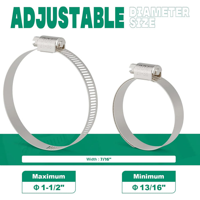 Adjustable 13/16"–1-1/2" bands with width; hose clamp dimensions shown for accurate sizing and faster installation.