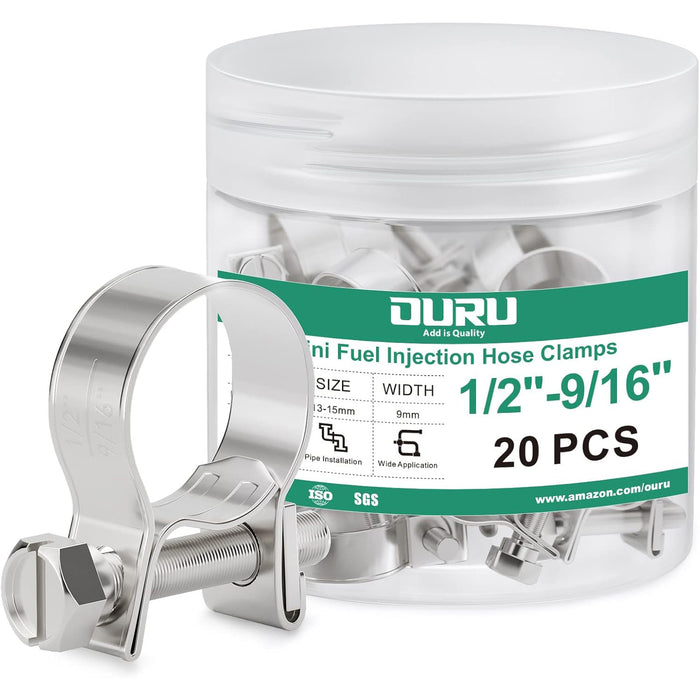 best hose clamp for fuel line jar, 1/2–9/16 inch; 20 pcs 304 stainless injection clamps for secure, long-lasting seals