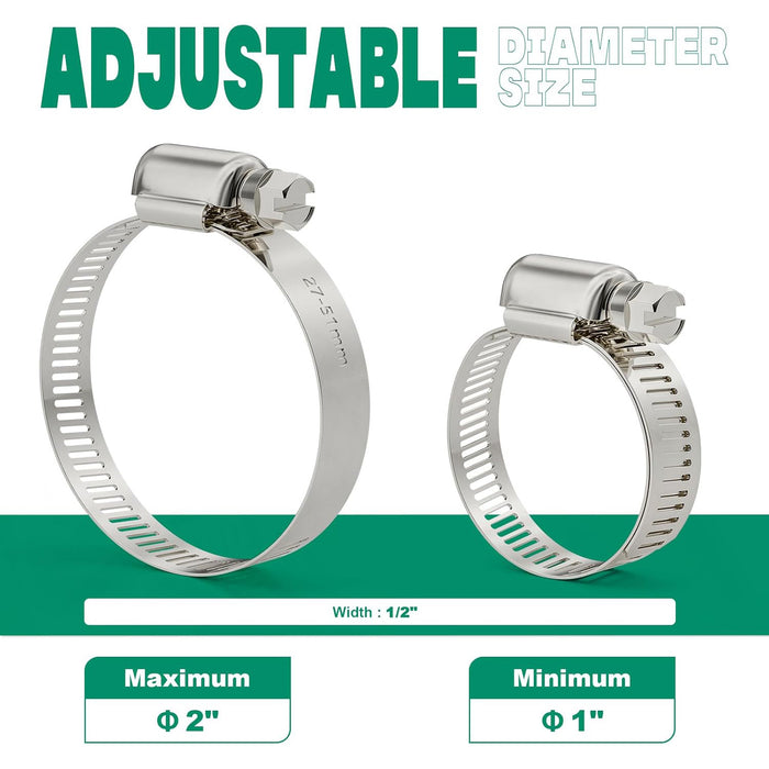 Adjustable 1–2 inch washing machine discharge hose clamp, 1/2-inch wide 304 stainless worm-drive band for leak-free laundry drains.