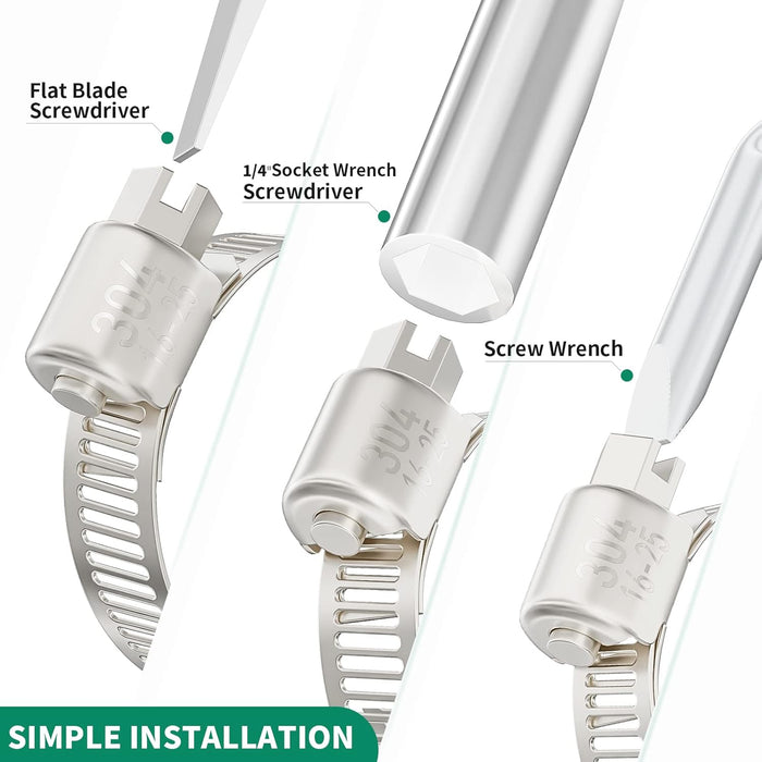 Simple installation for a metal hose clamp using flat blade, 1/4-inch socket, or screw wrench to tighten a 304 stainless worm-gear band.