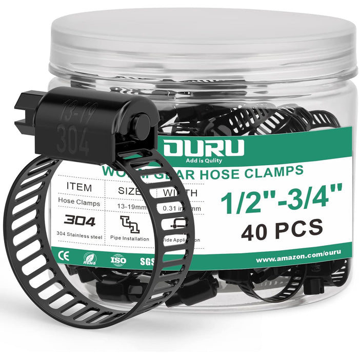 Detail of 304 stainless hose clamp ring with size marking, band, back buckle and screw for durable, rustproof use.