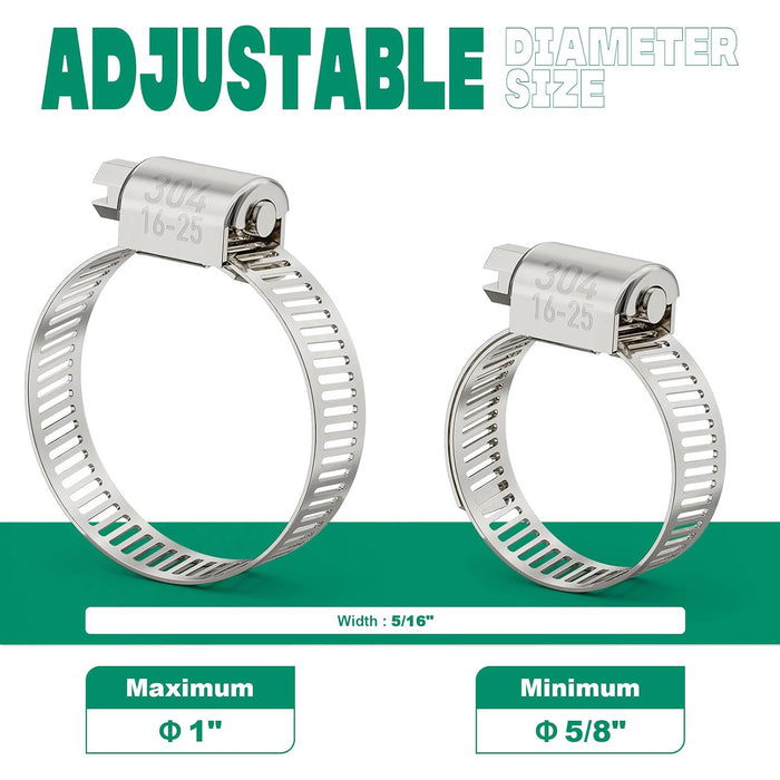 Compact clip hose clamp pair at min/max sizes, 5/8–1 range, 5/16 width, corrosion resistant 304 stainless grade for DIY.