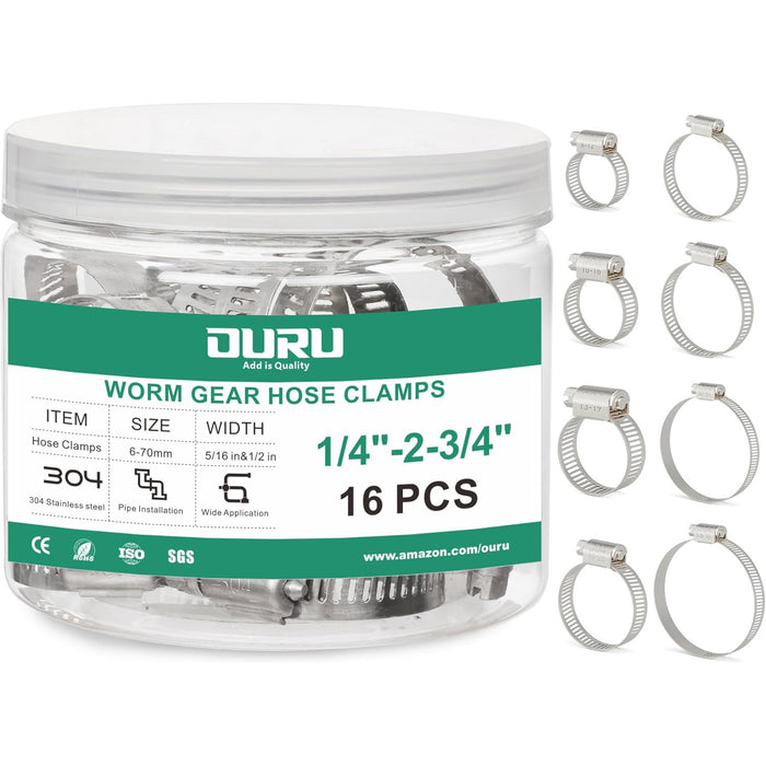 Jar set labeled 1/4"–2-3/4"; washing machine hose clamp for inlet or drain hoses, rustproof and easy to install.