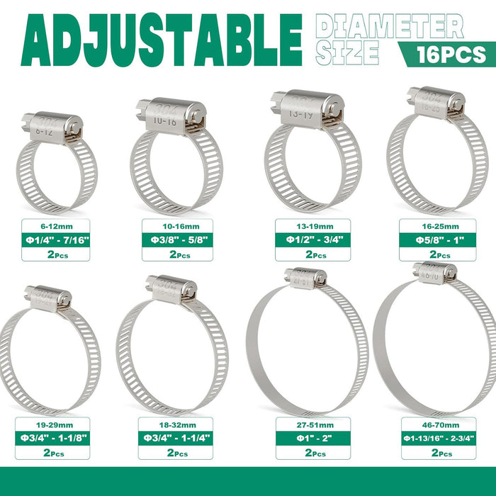 Assorted sizes 1/4"–2-3/4" in a grid; robust 304 bands for high pressure hose clamp use on fuel and water lines.