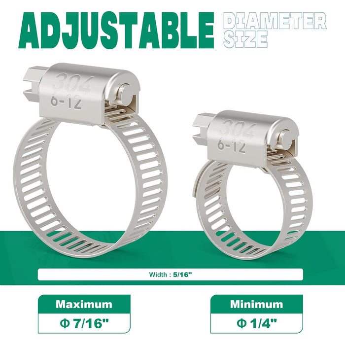 Sizing chart for a small hose clamp—5/16-inch wide stainless band, adjustable 1/4–7/16 inch diameter for air, fuel, and water lines.