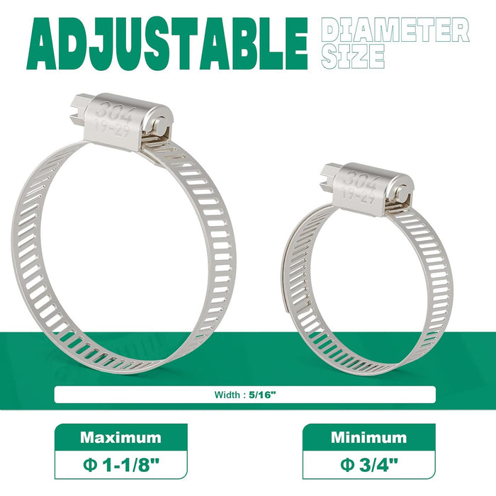Hose clamp size chart showing maximum diameters with band width callouts; choose correct clamp for pipes and appliances.