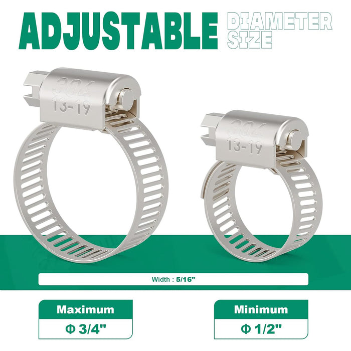 Adjustable 13-19mm auto hose clamp pair, 304 stainless worm gear for sealing fuel, vacuum and coolant lines in cars.