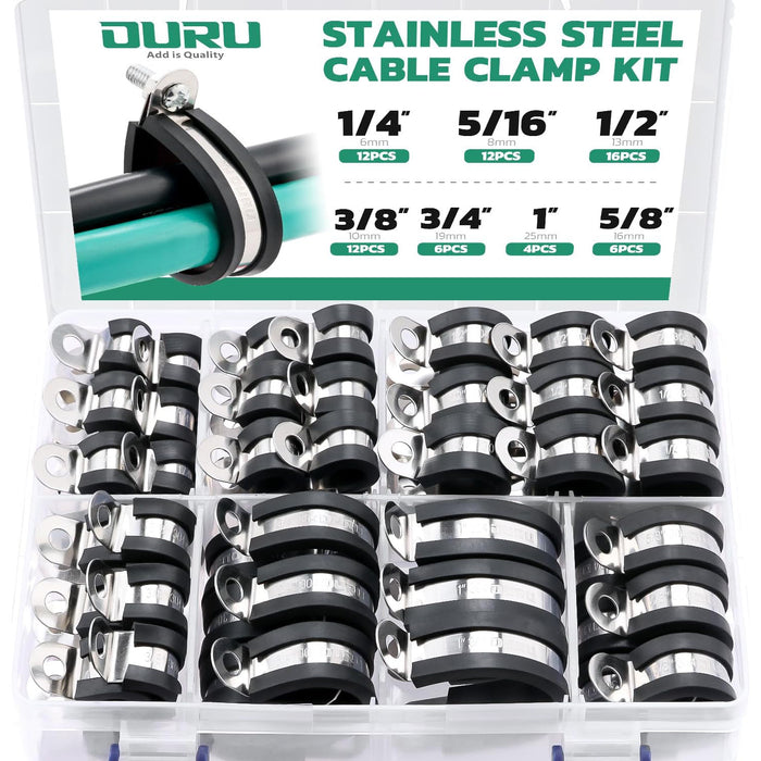 Electrical wire clamps kit in storage case, mixed sizes for securing cables, conduits, and hoses.