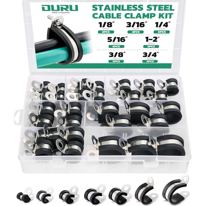 Wire clamp assortment kit in organizer; stainless rubber-cushioned P-clamps for hoses.