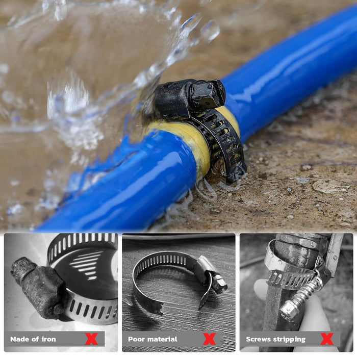 Close-up of blue pipe secured by better hose clamp, resisting leaks; inferior iron, weak, stripped clamps shown below.