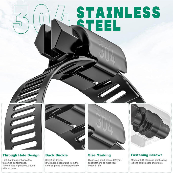 Two stainless adjustable hose clamp sizes with min and max diameters; smooth band and worm gear provide tight sealing.