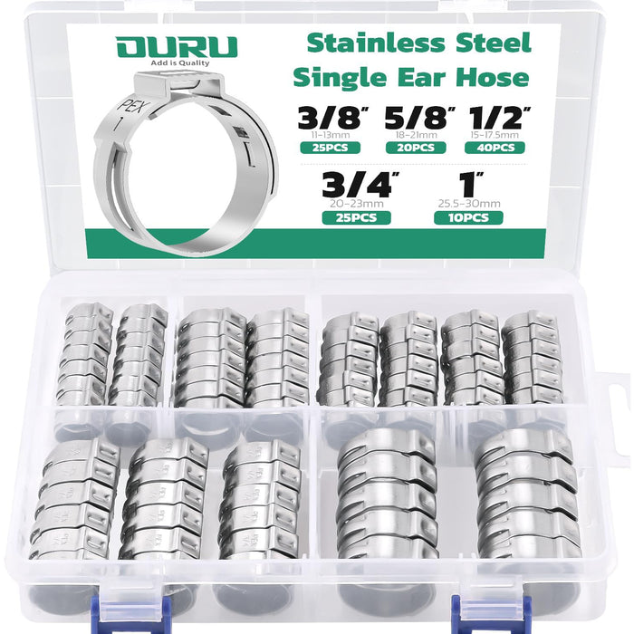 Organizer case packed with assorted stainless PEX clamps, clearly labeled sizes for plumbing repairs using pex clamps.