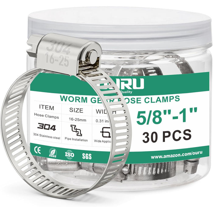 Hose clamp metal band with worm drive, 1 to 2 inch adjustable, rustproof 304 stainless for pipes radiators, dryer vents.