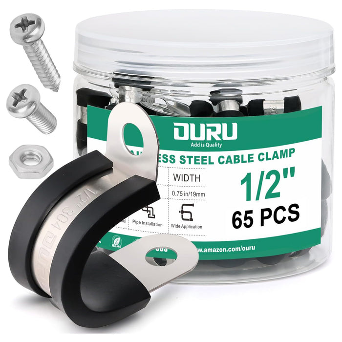 Jar pack of 65 metal wire clamps, 1/2 in cushioned stainless P-clamps with screws and nuts for cable routing.