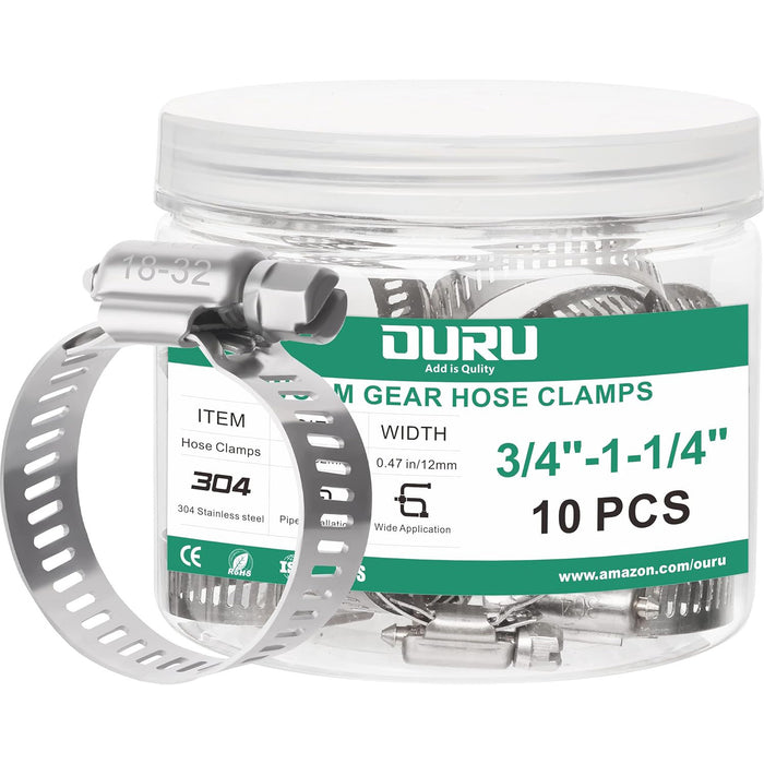 Jar of 10 small hose clamps, 3/4–1-1/4 inch adjustable 304 stainless worm-gear bands for plumbing, automotive, HVAC, and DIY repairs.