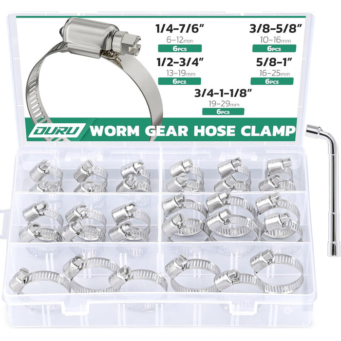 Assorted worm-gear bands with driver tool; versatile clamp for office chair cylinder fixes, home repairs, and tubing.