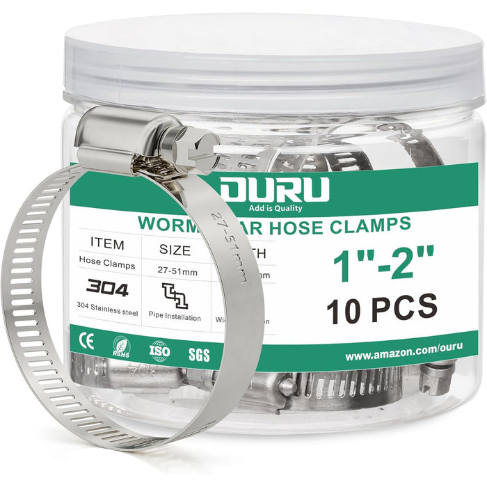 Storage jar with 10 hose plastic clamp fasteners—304 stainless worm-gear bands for securing pipes, vents, irrigation, and pool equipment.