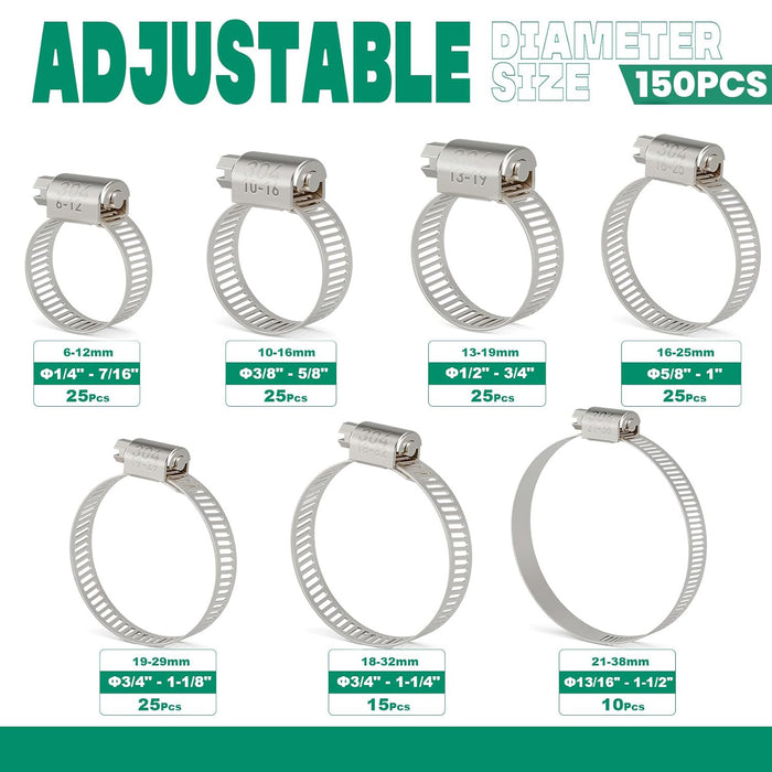 Garden hose clamp set in divided organizer; assorted stainless sizes, worm-drive design, clear lid and simple guide.
