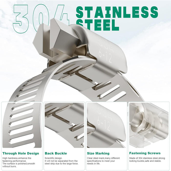 Close-up 304 stainless dryer hose clamp with worm gear screw, slotted band, back buckle, size marks, durable anti-rust.