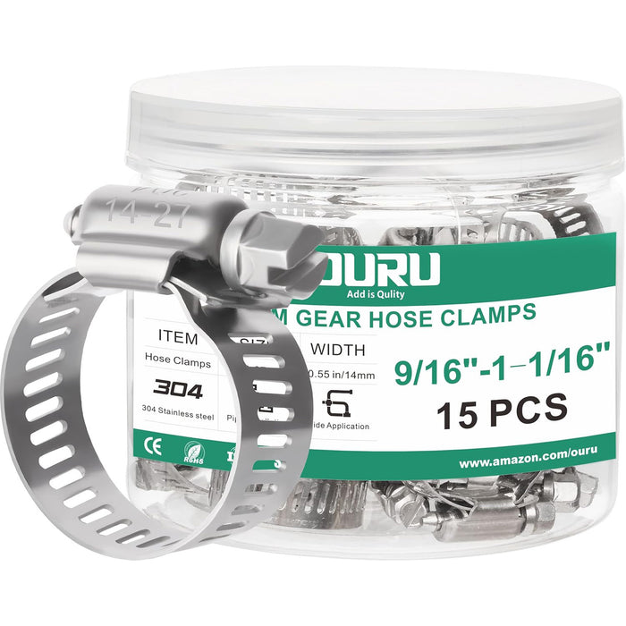 Jar of 304 stainless hose metal clamp set, 9/16–1-1/16 inch diameter, worm gear for plumbing, auto and home repairs DIY.