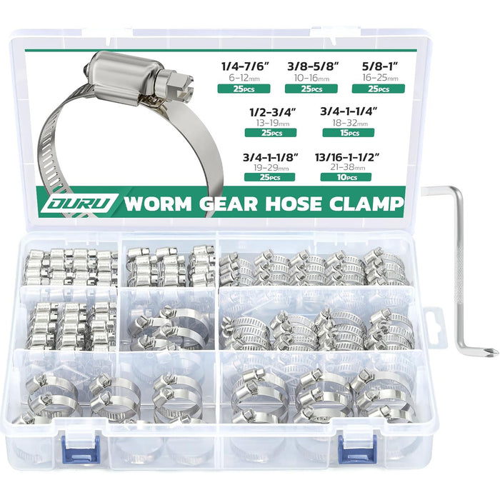 Heater hose clamp variety pack; stainless worm gear clamps for auto cooling lines, sorted by size inside labeled box.