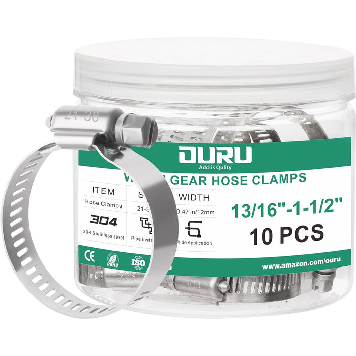 10-pack jar of 13/16"–1-1/2" 304 stainless clamps; firm worm screw and smooth edges for reliable wire hose sealing.