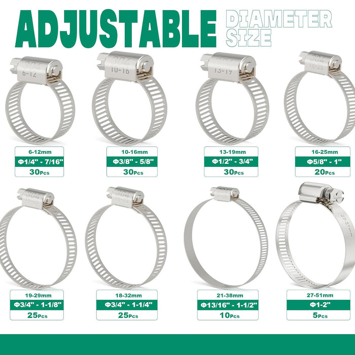 Hose clamp kit in clear box; stainless worm gear clamps 1/4–7/16 to 1/2–3/4, labeled rows and compact organizer.