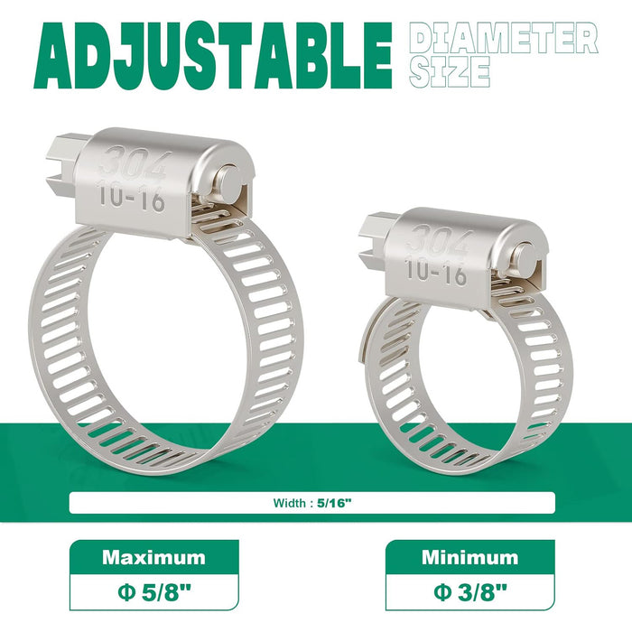 Assorted hose clamp clips in diameters, scale, perforated band, worm screw, 304 stainless for leakproof seals fit tight.
