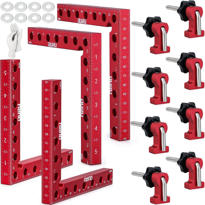 Corner clamps for woodworking set with red L-squares and L-bolts; durable aluminum helps square boxes, frames, cabinets.
