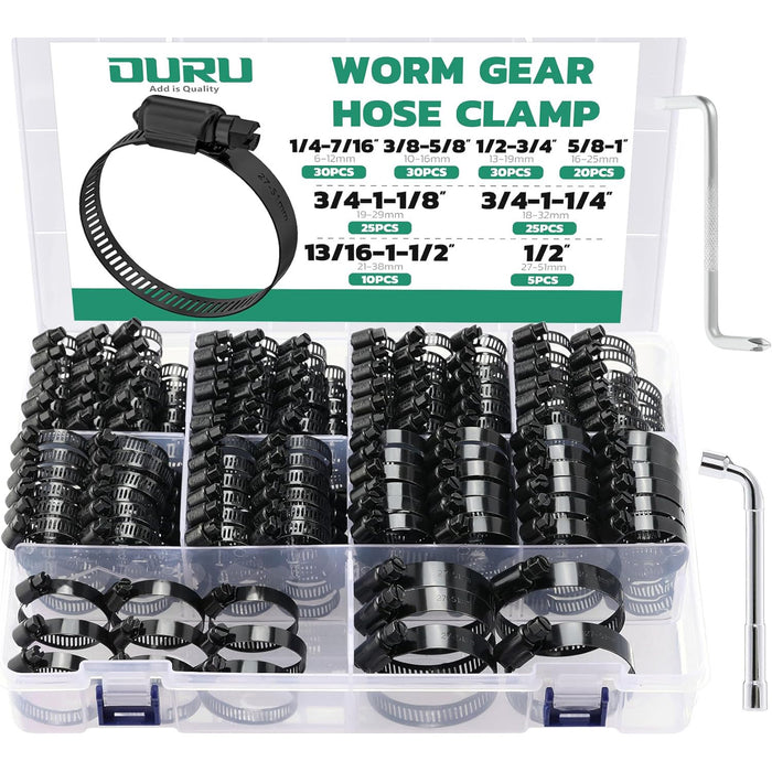 Hose clamp menards assortment case of black worm gear clamps, mixed sizes with L-key and printed size guide on lid.
