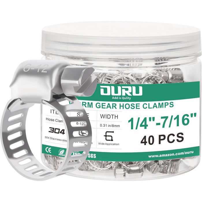 40-pack tiny hose clamp set, 1/4–7/16 inch 304 stainless worm-gear bands in clear jar for mini tubing, aquarium, and vacuum lines.