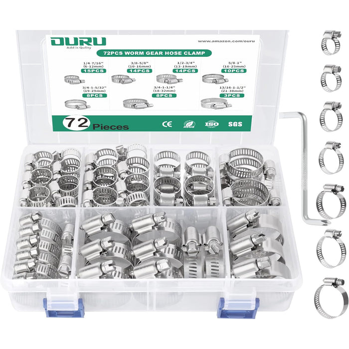 Hose clamp dishwasher assortment kit; organized stainless worm-drive clamps in multiple diameters, clear case and guide.