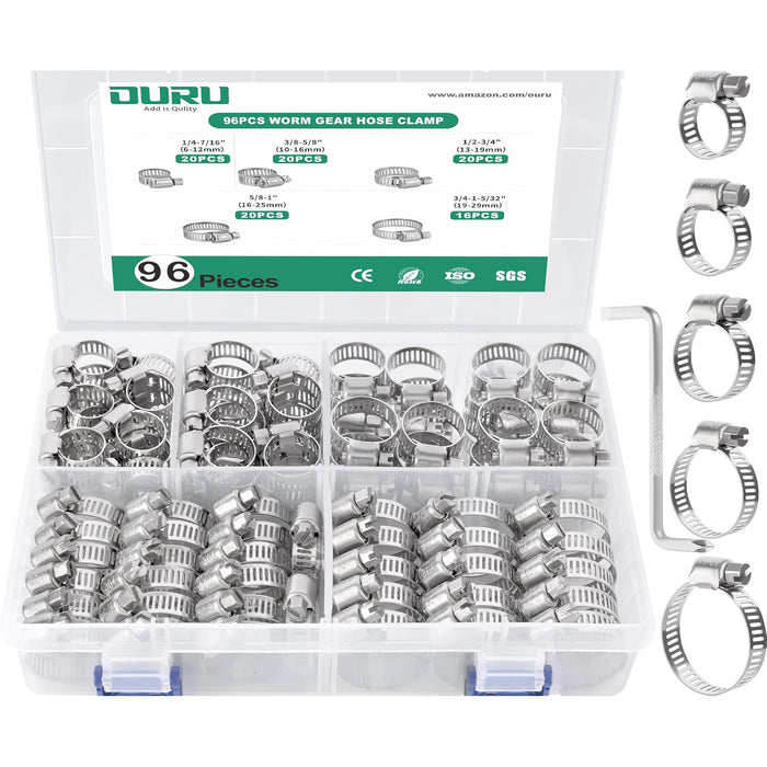 Hose clamp 2 inch option highlighted among assorted stainless worm-drive bands, neatly sorted in case with size chart.