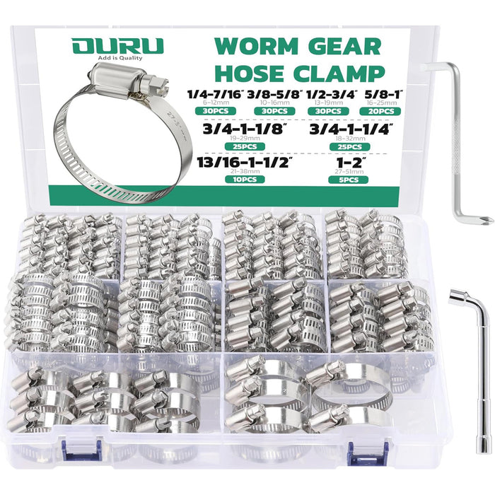 Dishwasher hose clamp pack with adjustable stainless worm gear clamps, sorted by diameter in case; driver tool included.