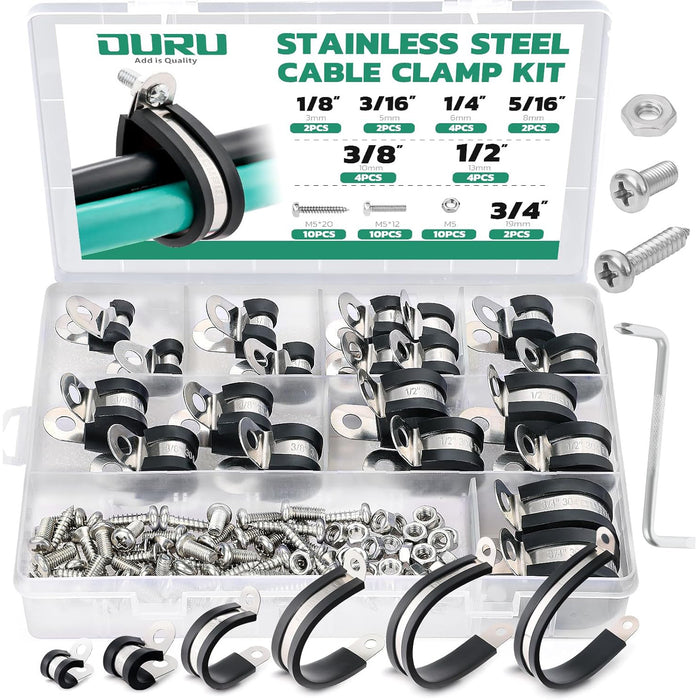 Small metal wire clamps with EPDM cushion and stamped size, rust-proof for electronics or automotive.