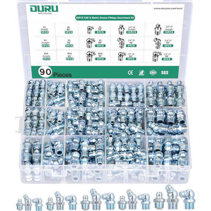 90PCS SAE & Metric zerk grease fittings kit in labeled box; straight, 45°, 90° elbows; mixed threads and sizes.