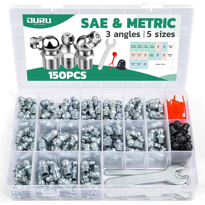 150PCS SAE and metric grease fitting kit in box; includes wrenches, rubber and plastic caps, angles and sizes listed.