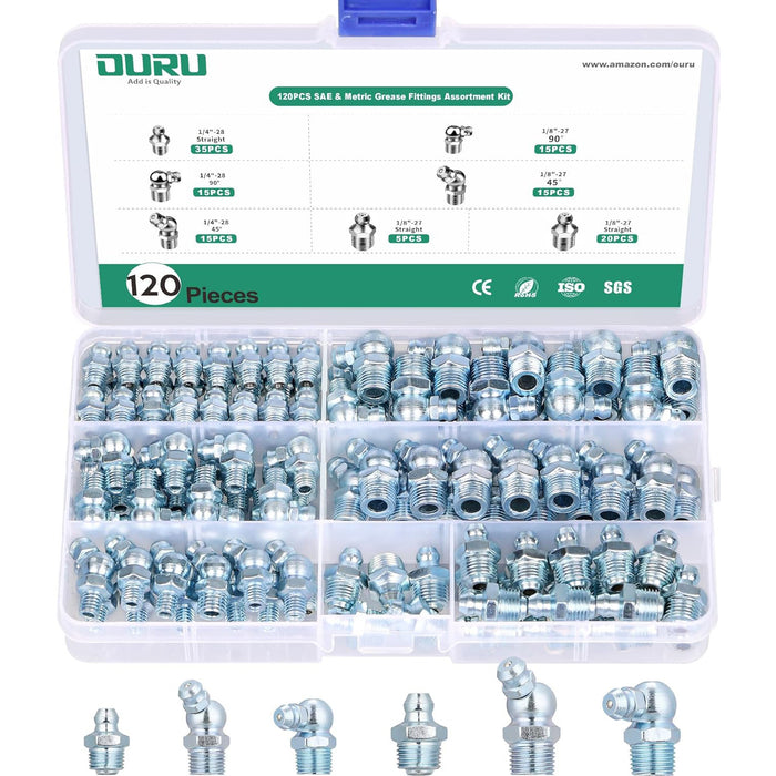 Clear-lidded case showing grease gun and fittings set; 120 pieces sorted by angle and thread for shop and farm tasks.