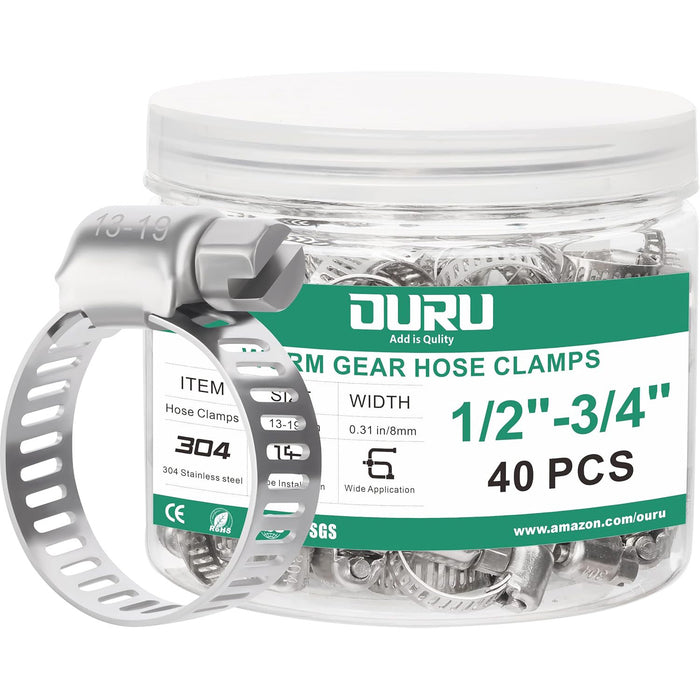 Jar of 40 large hose clamp set, 304 stainless 5/16-in band with worm screw; adjustable 1/2-3/4 in for plumbing and auto.