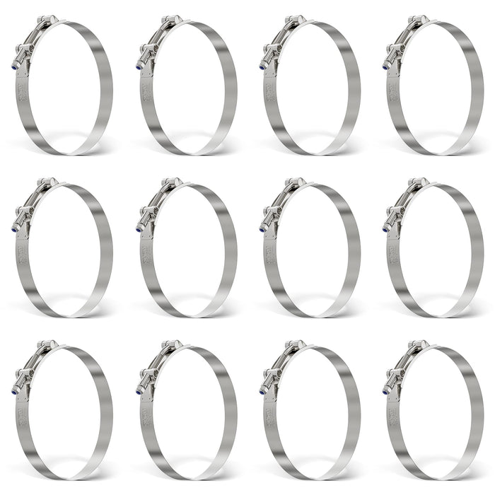 Bulk pack of twelve lawn mower fuel line clamp T-bolt clips, 5.24–5.55 inch range for mower coolant or intake hoses.