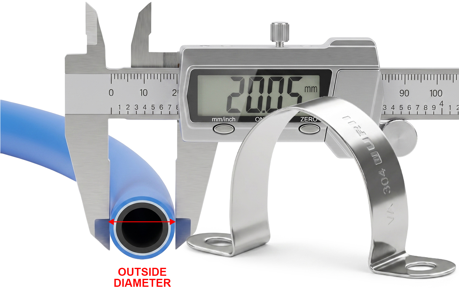 Caliper measuring pipe outside diameter beside a stainless steel conduit clamp