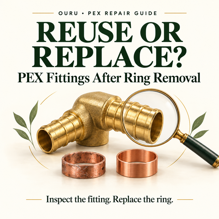 Illustrated Ouru PEX repair guide cover showing a brass elbow fitting, separate old and new copper rings, and a magnifying glass beneath the title Reuse or Replace.