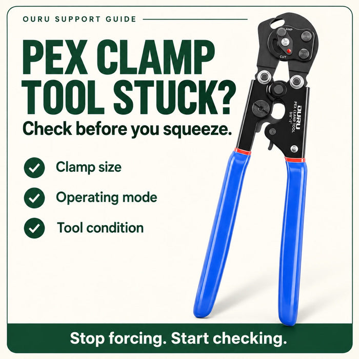 Ouru PEX cinch and removal tool with blue handles beside clamp size, operating mode and tool condition checks.