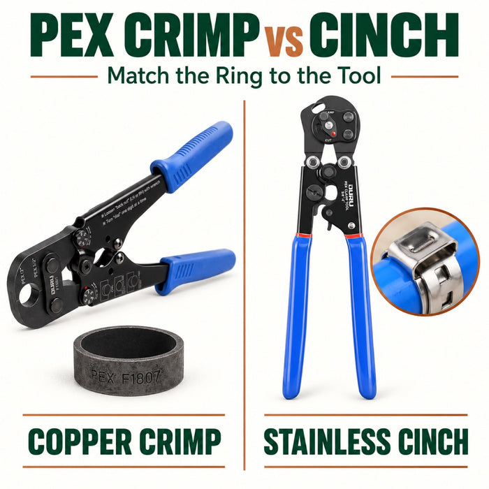 Ouru copper PEX crimp tool and stainless-steel cinch tool shown side by side with their matching rings