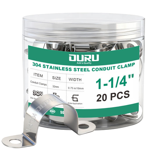 Jar of OURU 1-1/4 inch 3 4 conduit clamp set, 304 stainless U straps support water pipes or electrical conduit on walls.