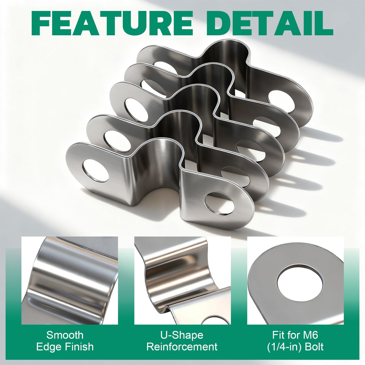 Close up of several 1 1 2 conduit clamp pieces, stainless U straps showing smooth edges and reinforced bends for tubing.
