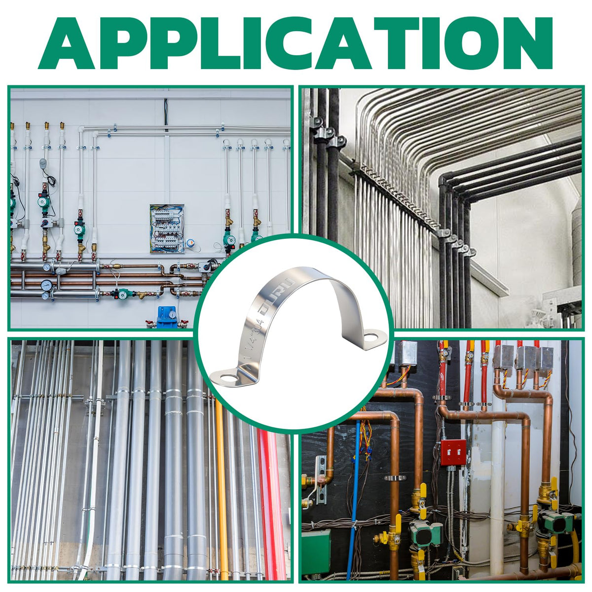 Industrial installation scenes showing conduit strap clamp securing multiple stainless pipes and cables neatly to walls