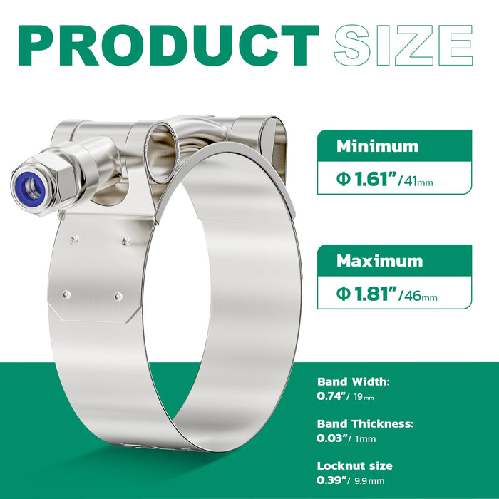 fuel line shut off clamp, T-bolt 41–46 mm (1.61–1.81 in); 19 mm width, 1 mm thick; heavy-duty for plumbing and engines