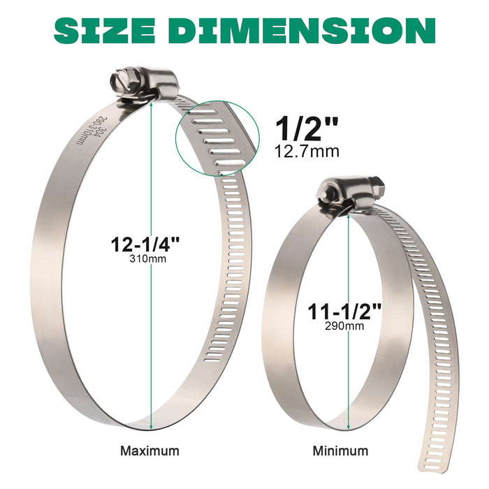 SS hose clamp size diagram, 12-1/4" max to 11-1/2" min diameter, worm-drive design for durable outdoor and marine connections.